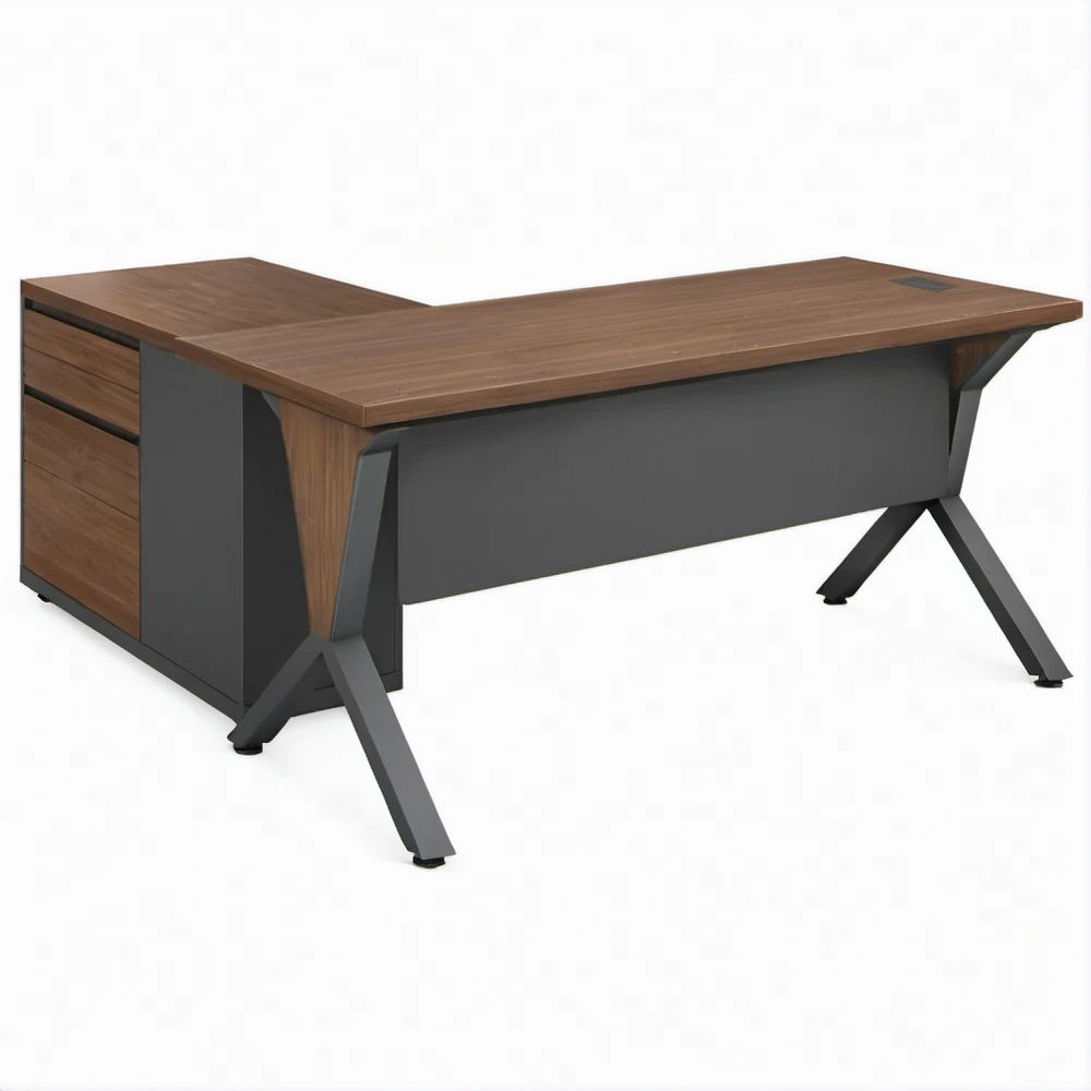 L-Shaped Executive Office Desk with 3 Drawers, Walnut and Black, 78.7 x 70.9 x 29.5 in