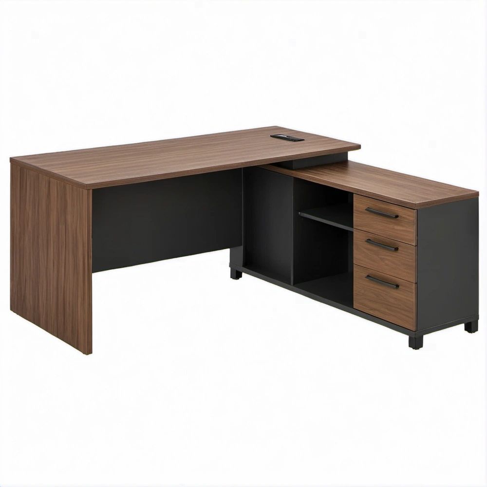 L-Shaped Office Desk with Right-Side Return, Walnut/Black, 71 x 71 x 30 in