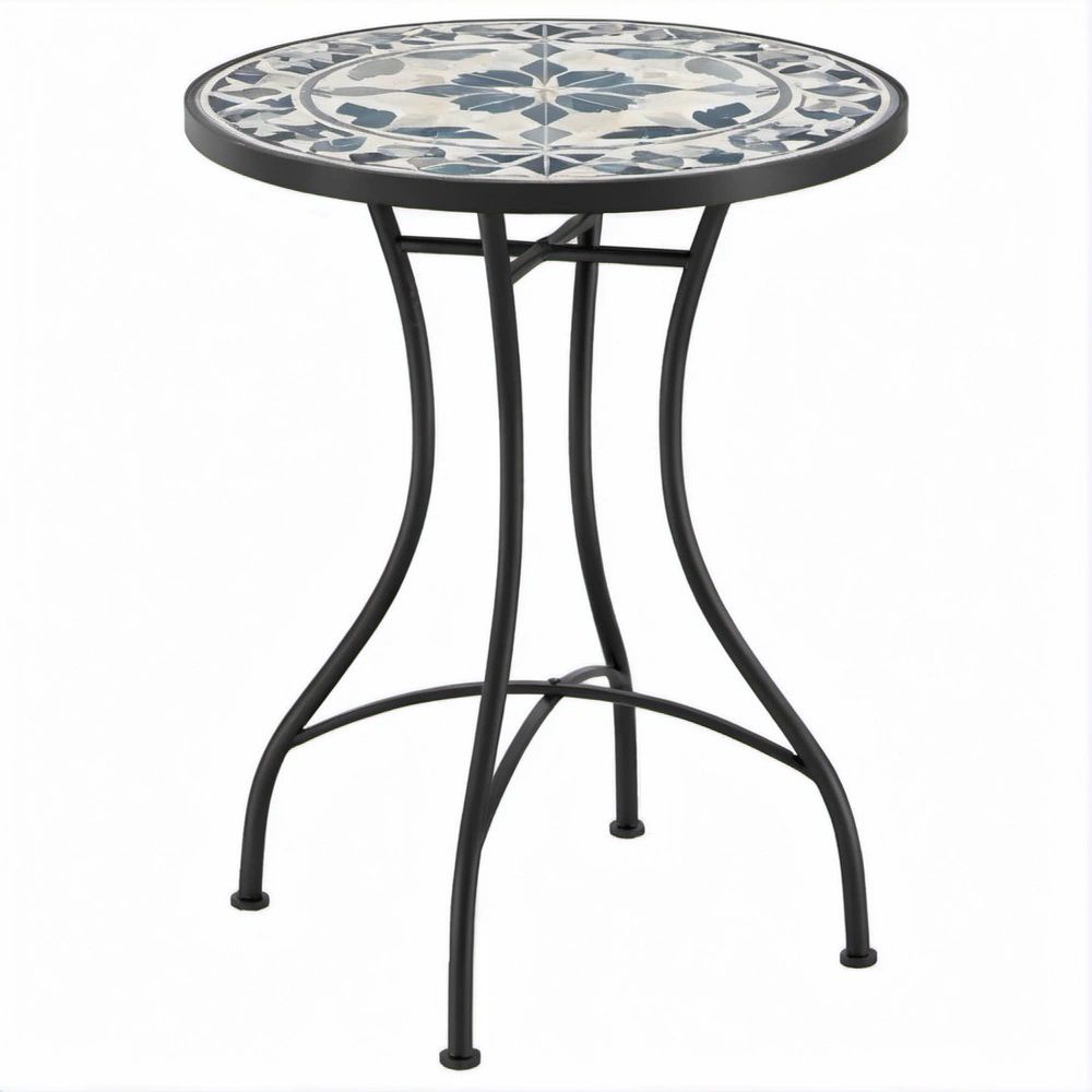 Round Mosaic Tile Side Table, Black Steel Frame, Blue/Gray/White/Beige, 24 in. Diameter x 28 in. H