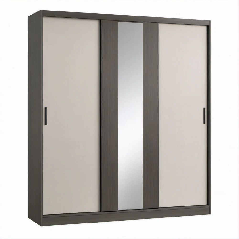 Gray and Beige Sliding Door Wardrobe with Center Mirror, 70.9 x 23.6 x 78.7 in