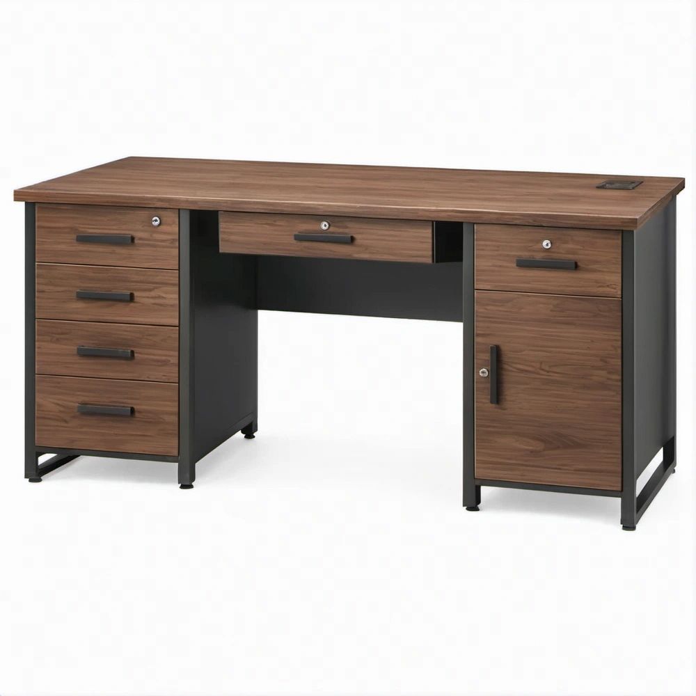 Executive Walnut and Black Office Desk, 60 x 30 x 30 in, 6 Drawers and Locking Cabinet