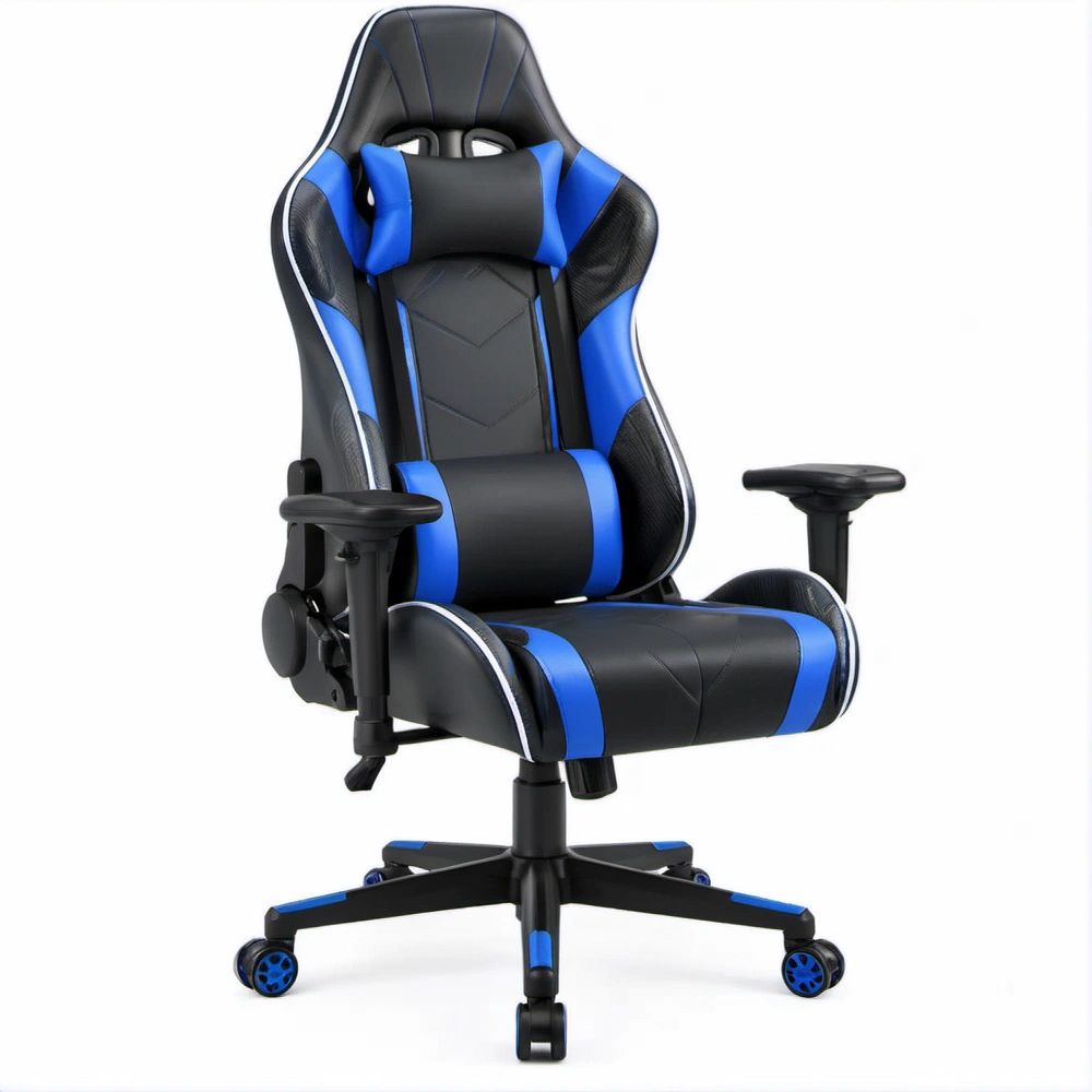 High-Back Racing Style Gaming Chair, Black/Blue PU Leather, 26.8 x 26.8 x 49.2-53.1 in