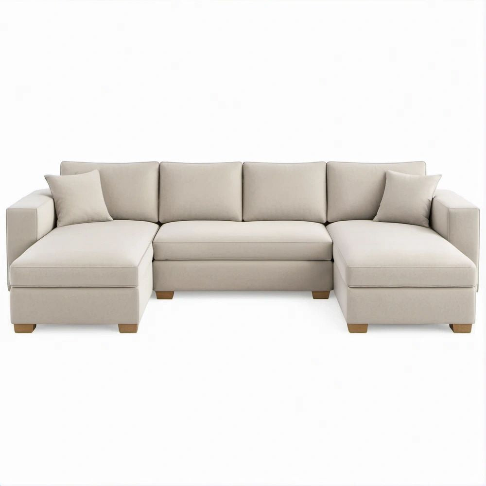 Beige Polyester U-Shaped Sectional Sofa with Double Chaise, 112 x 64 x 34 in