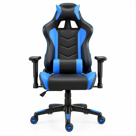 High-Back Racing Gaming Chair, Black and Blue PU Upholstery, 26.8 x 26.8 x 48.4-52.4 in