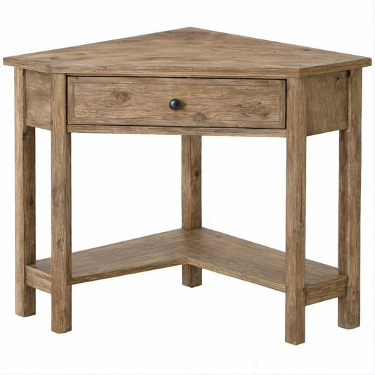 Natural Brown Reclaimed Solid Hardwood Corner Writing Desk with Drawer and Shelf, 31.50 x 17.72 x 29.92 in