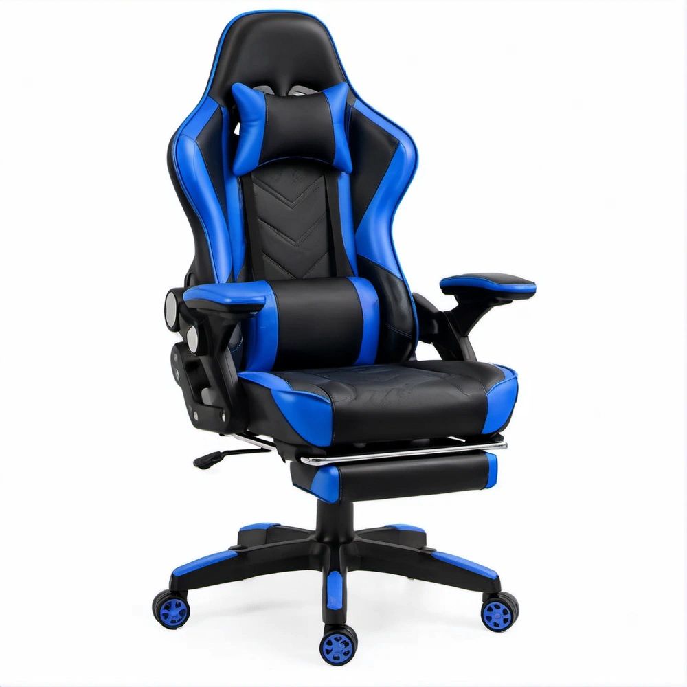 Blue and Black Ergonomic High-Back PU Leather Gaming Chair, 27.6 x 27.6 x 48.0-51.2 in