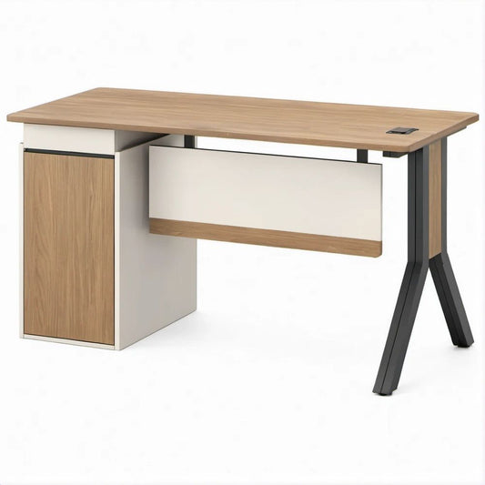 Contemporary Oak, White and Black Computer Desk with Storage Cabinet, Drawer and Cable Grommet, 47.2 x 23.6 x 29.5 in