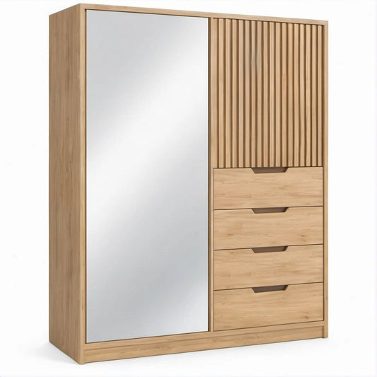 Natural Oak Wardrobe Armoire with Full-Length Mirror and 4 Drawers, 47.2 x 23.6 x 78.7 in