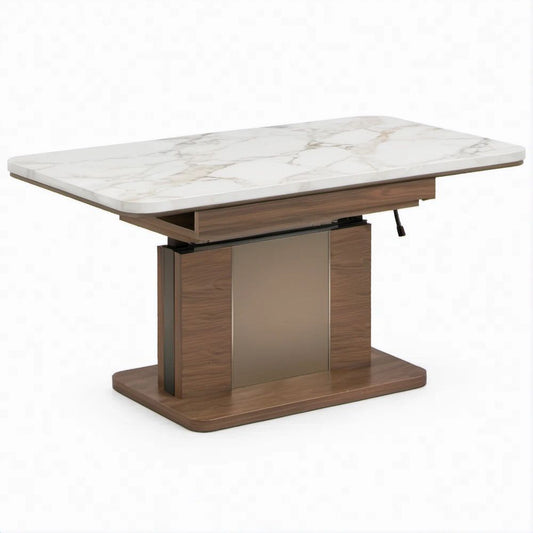 Rectangular Lift-Top Coffee Table, White Marble-Pattern Sintered Stone and Walnut Brown Finish, 47.24 x 23.62 x 17.72 in