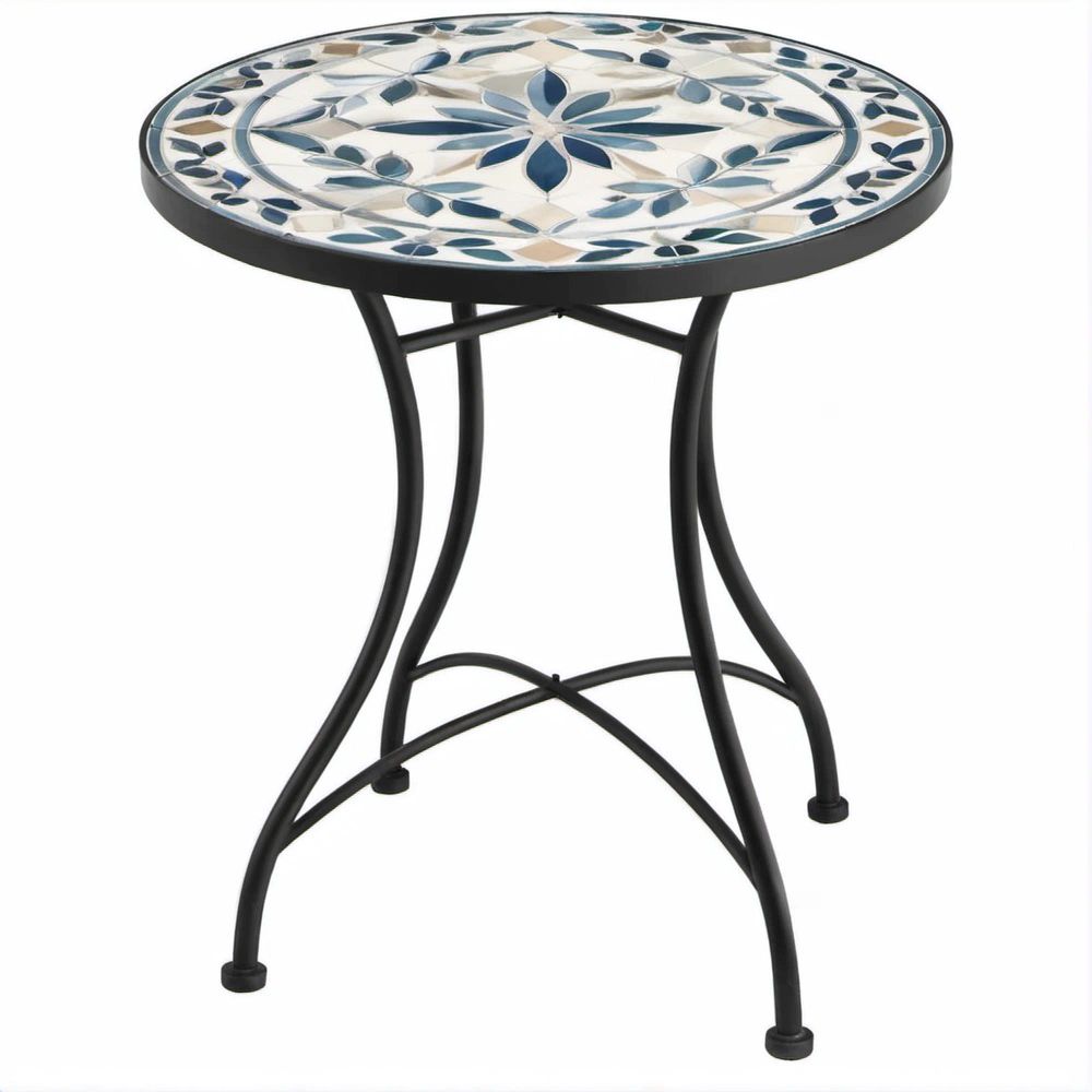 Round Ceramic Mosaic Tile Table with Black Steel Frame, 21.65 in Diameter x 25.59 in H, Blue/White/Beige/Black