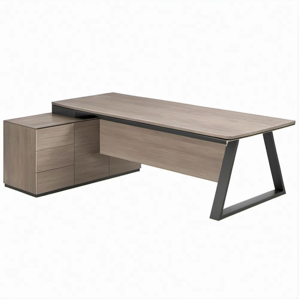 L-Shaped Executive Desk with 3-Drawer Storage Cabinet, Gray Oak and Black, 71 x 63 x 30 in