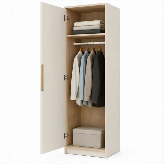 Single-Door Wardrobe Cabinet, Off White and Natural Oak, 23.6 in W x 19.7 in D x 70.9 in H