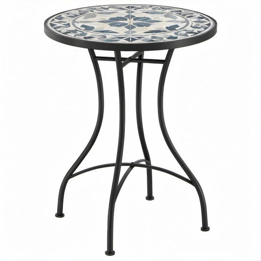 Round Mosaic Tile Side Table, Black Steel Frame, Blue/Gray/White/Beige, 24 in. Diameter x 28 in. H