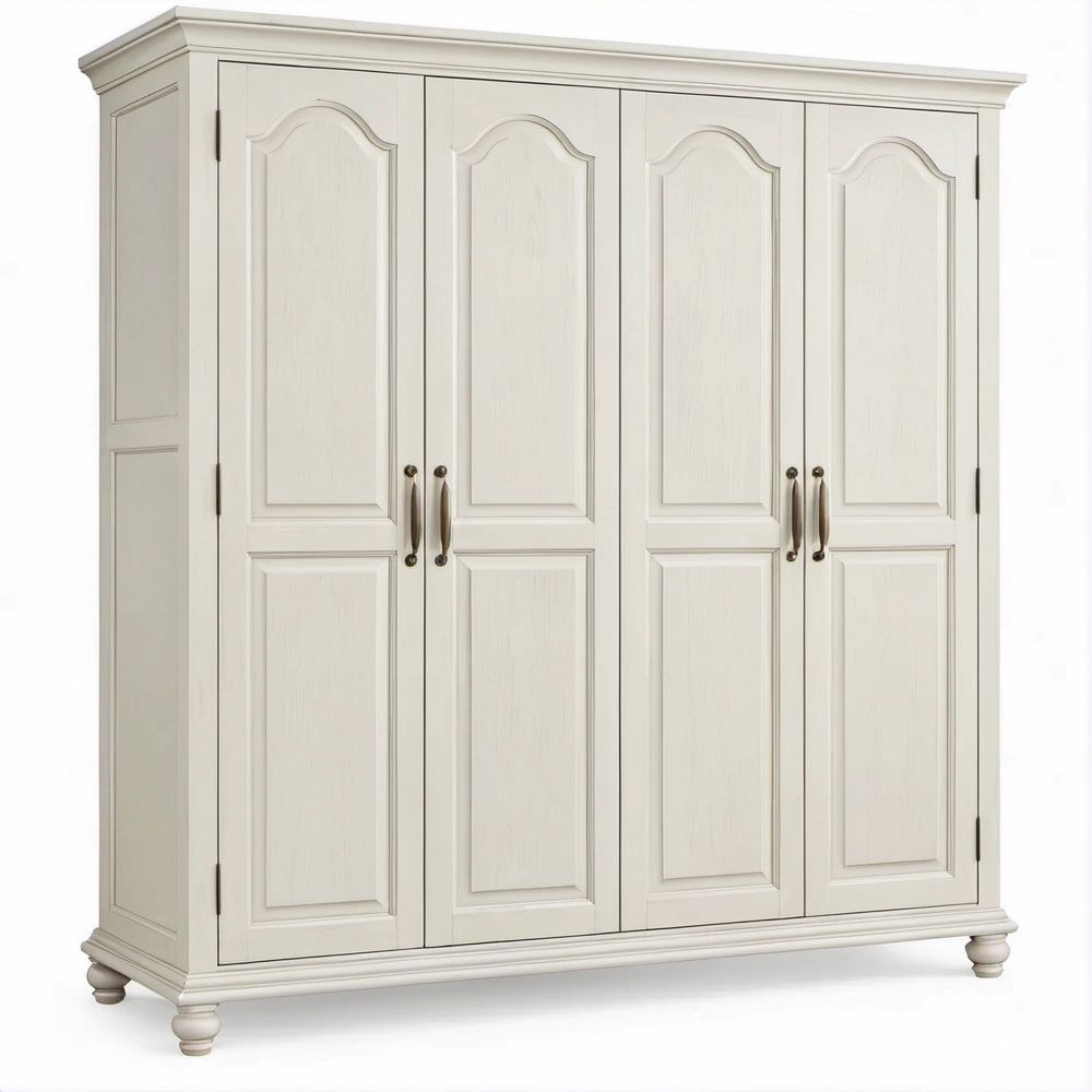 White 4-Door Wardrobe Armoire, MDF and Solid Pine, 78.7 x 23.6 x 78.7 in