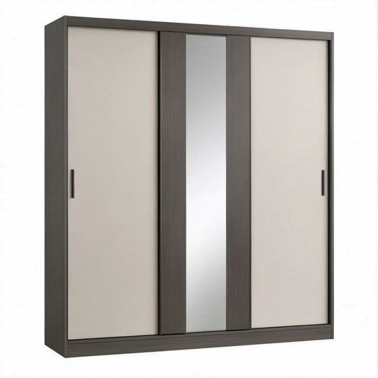 Gray and Beige Sliding Door Wardrobe with Center Mirror, 70.9 x 23.6 x 78.7 in