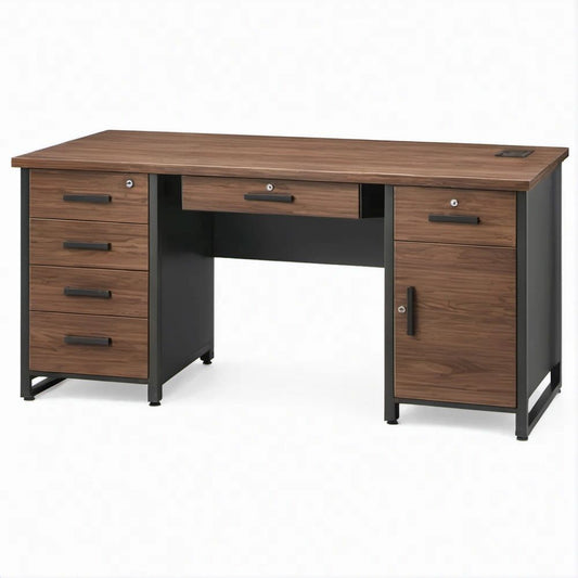 Executive Walnut and Black Office Desk, 60 x 30 x 30 in, 6 Drawers and Locking Cabinet