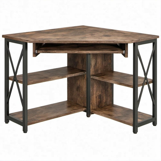 Rustic Brown and Black Corner Computer Desk with 4 Shelves and Keyboard Tray, 47.2 x 47.2 x 29.5 in