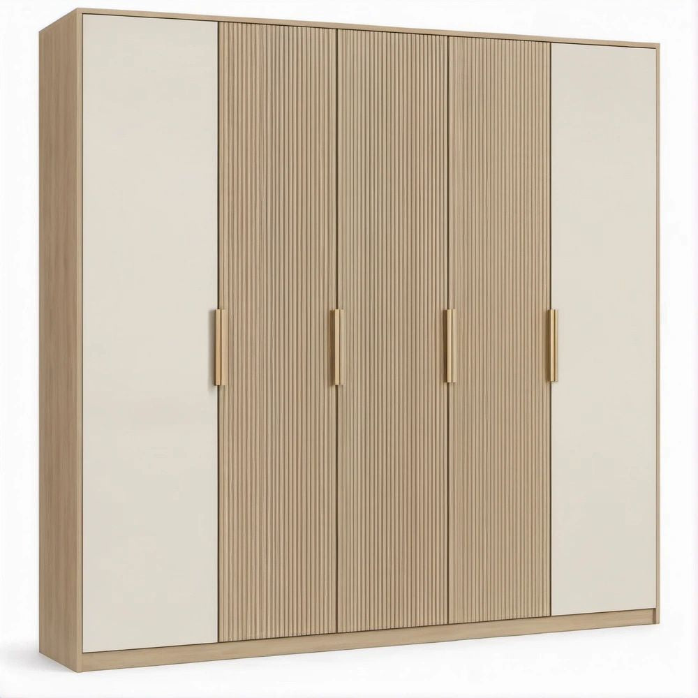 4-Door Cream and Light Oak MDF Wardrobe with Fluted Center Doors, 78.7 x 23.6 x 86.6 in