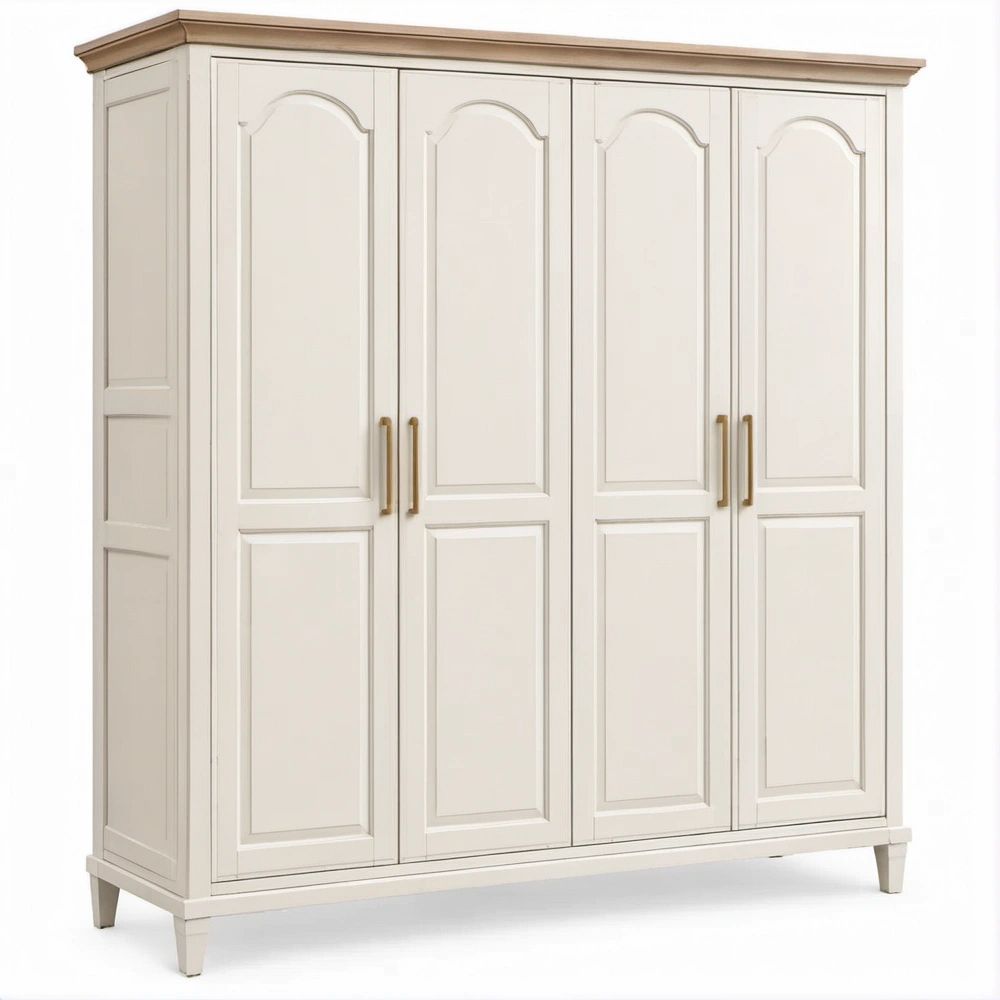 Freestanding Ivory 4-Door Wardrobe with Brown Wood-Grain Top and Brass-Tone Handles, 78 x 22 x 82 in