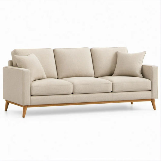 84 x 35 x 34 in Beige Polyester Upholstered Three-Seat Sofa with Natural Brown Rubberwood Legs