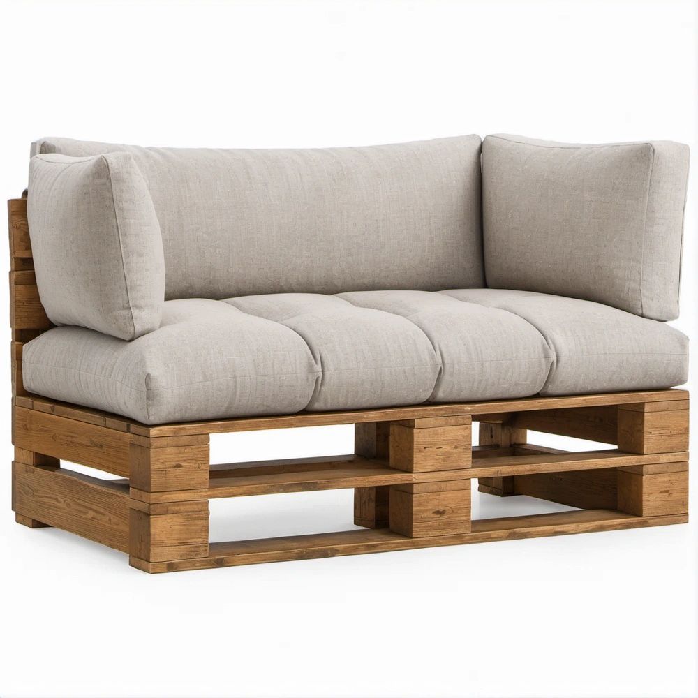 2-Seat Pallet Sofa with Beige Polyester Cushions and Brown Solid Pine Frame, 55.1 x 31.5 x 29.5 in