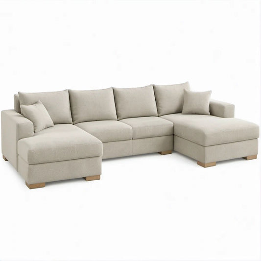 Beige U-Shaped Sectional Sofa with Dual Chaises, 130 x 64 x 34 in
