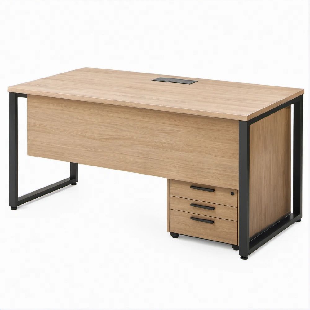 55.1 in Rectangular Office Desk with 3 Drawers, Light Oak and Black Engineered Wood and Steel