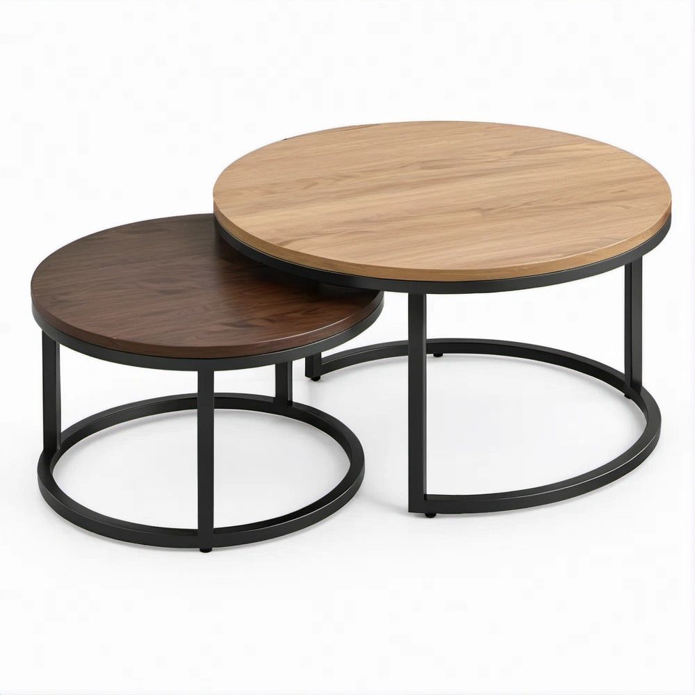 2-Piece Round Nesting Coffee Table Set, Light Brown and Dark Brown Wood-Grain Tops with Black Steel Frames, 31.5 in. Dia. x 17.7 in. H and 23.6 in. Dia. x 13.8 in. H