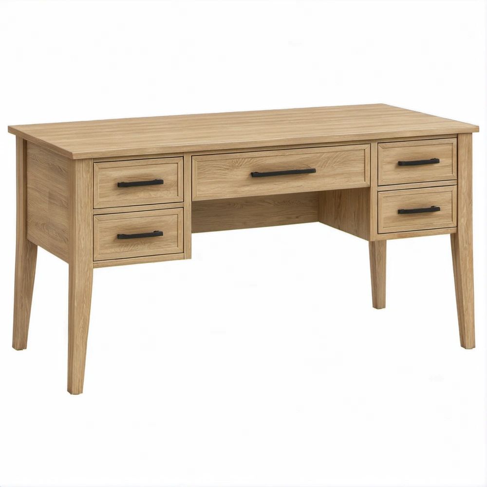 Natural Oak Writing Desk with 5 Drawers, Black Handles, 59 x 24 x 30 in