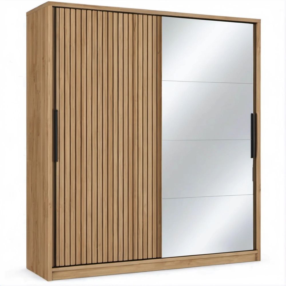 Natural Oak Sliding Door Wardrobe with Mirror, 47.2 x 23.6 x 78.7 in
