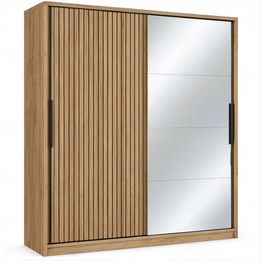 Natural Oak Sliding Door Wardrobe with Mirror, 47.2 x 23.6 x 78.7 in