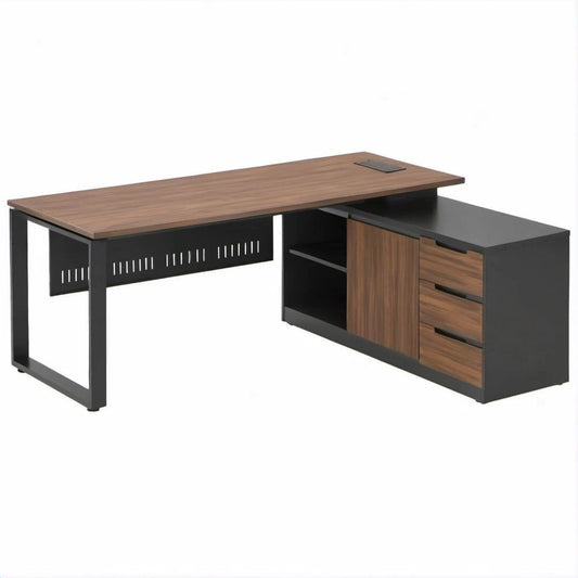 Walnut and Black L-Shaped Executive Desk with Storage Return, 71 x 63 x 30 in