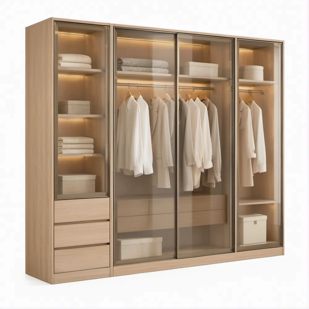 Natural Oak 4-Door Wardrobe with Clear Tempered Glass Sliding Doors, 78.7 in W x 23.6 in D x 86.6 in H