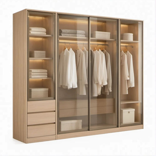 Natural Oak 4-Door Wardrobe with Clear Tempered Glass Sliding Doors, 78.7 in W x 23.6 in D x 86.6 in H