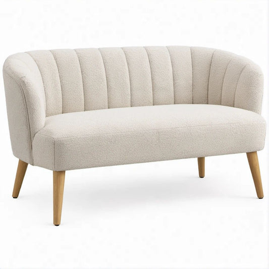 Cream Boucle Curved Loveseat with Natural Wood Legs, 52 x 30 x 31 in
