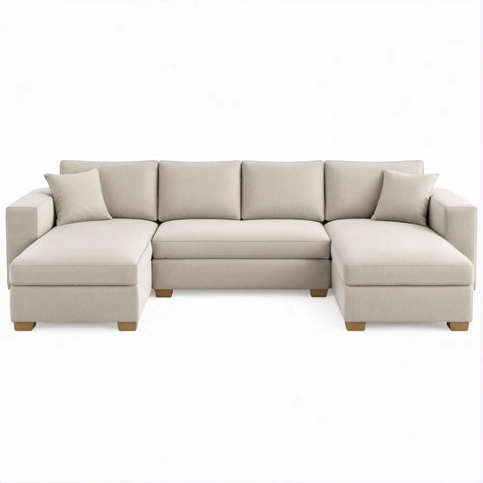 Beige Polyester U-Shaped Sectional Sofa with Double Chaise, 112 x 64 x 34 in