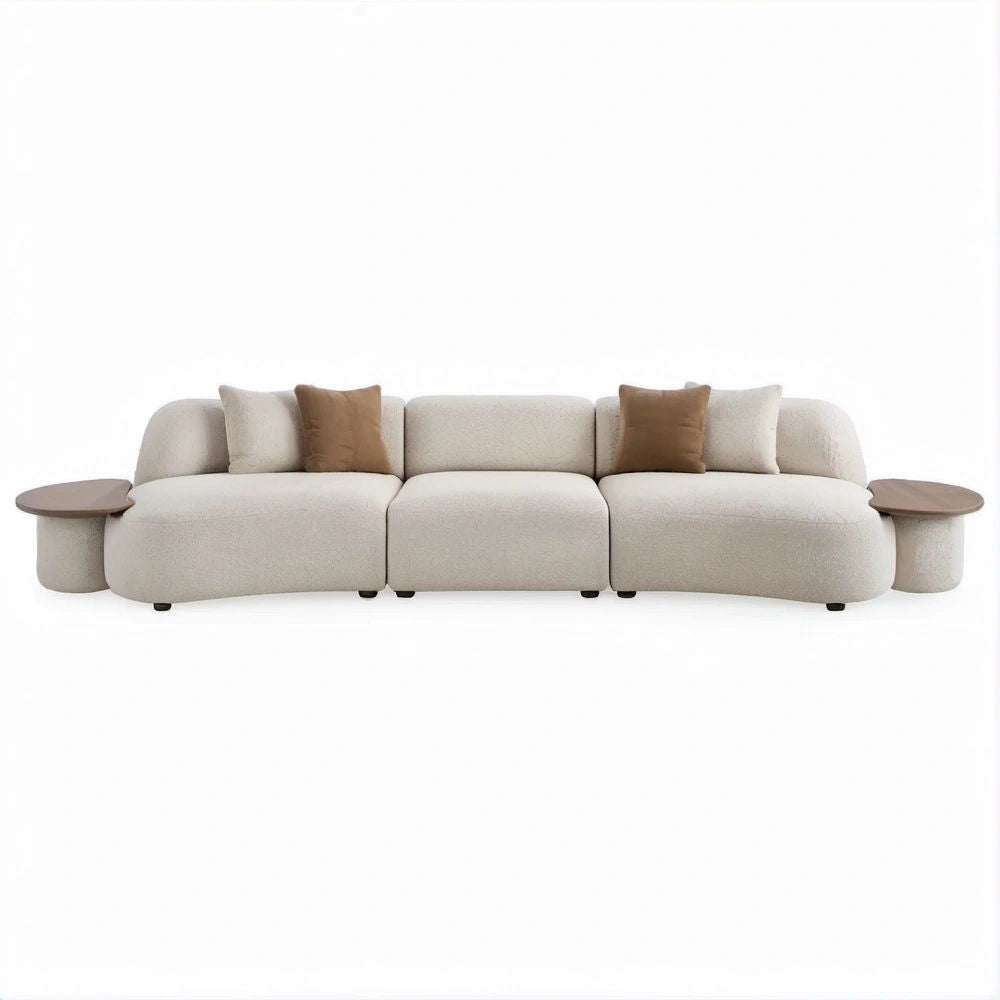 132 x 39 x 32 in Curved Beige Boucle Modular 3-Seat Sofa with 2 Walnut Side Tables