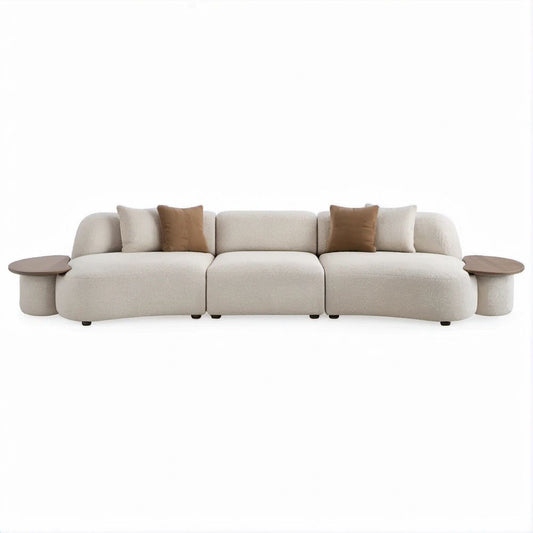 132 x 39 x 32 in Curved Beige Boucle Modular 3-Seat Sofa with 2 Walnut Side Tables
